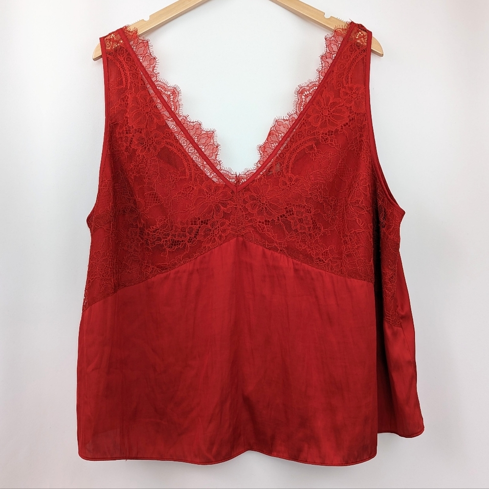 H&M Red Lace-Trim Satin Tank Top